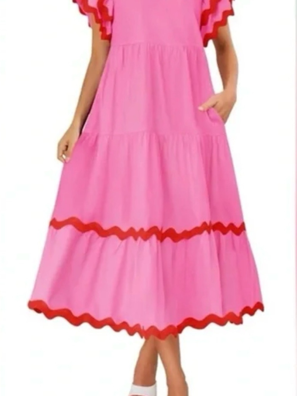 Zesica Women Summer Midi Dress V Neck Flutter Short Sleeve , Pinlk Size Small - Picture 8 of 8
